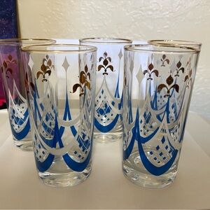 Elegant Blue and Gold Patterned Glasses, set of 5 MCM Highball glasses.